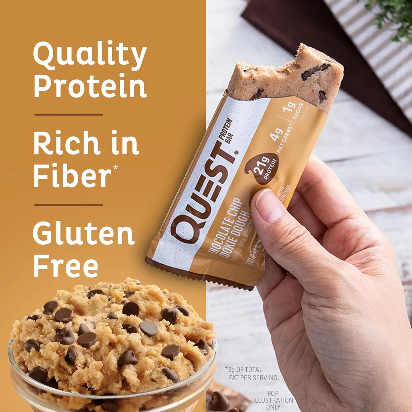 Quest Nutrition Chocolate Chip Cookie Dough Protein Bars, High Protein, low sugar