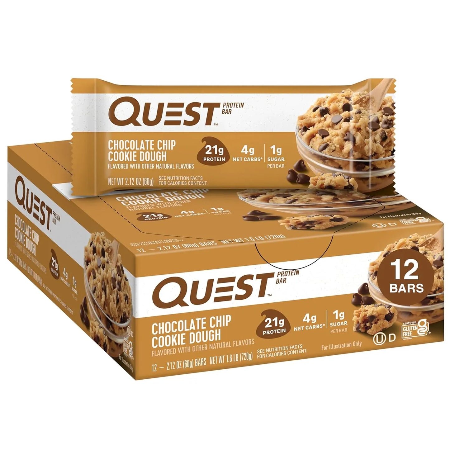 Quest Nutrition Chocolate Chip Cookie Dough Protein Bars, High Protein, low sugar